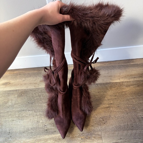 Fashion Nova Brown Faux Fur Pom Pom Heeled Boots - Picture 3 of 12